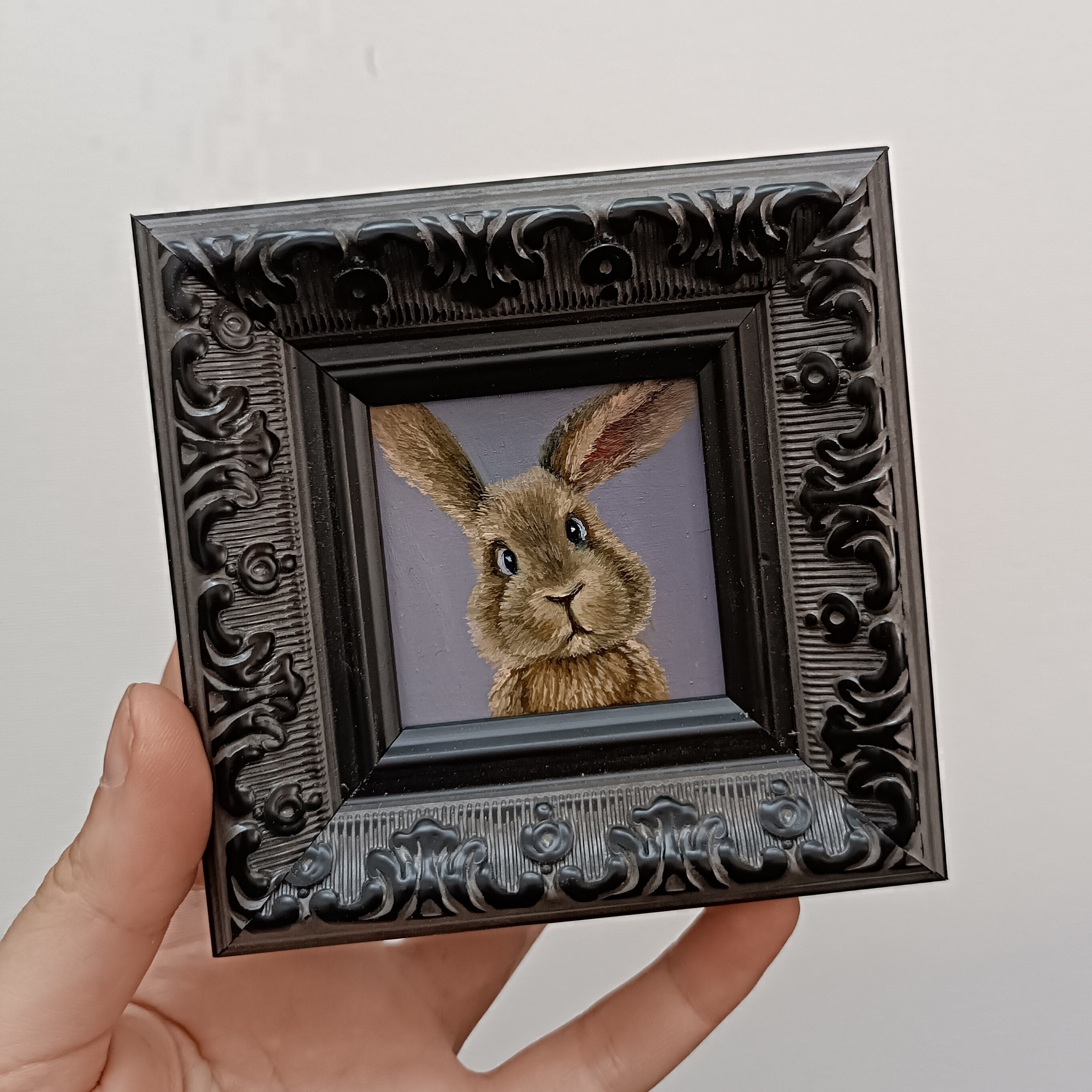 Framed Rabbit Miniature Painting: 2x2" Original Acrylic Art