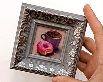 Donut and Coffee Oil Painting: Miniature Framed Dessert Art (2x2 inch)