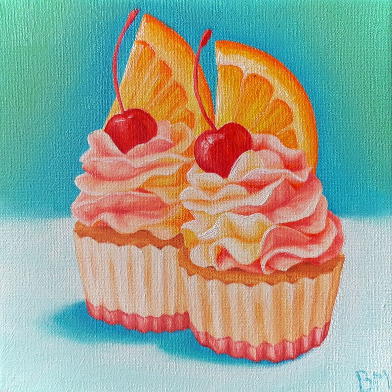 Cupcake vanilla cherry orange miniature oil painting on Etsy