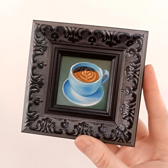 Coffee painting Original oil painting 2x2 inch Miniature in frame Dessert gift Sweets painting Framed painting