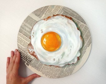 Fried egg realistic painting Egg Original acrylic painting on Newspaper art Kitchen wall decor Food painting Round painting diameter 12 inch