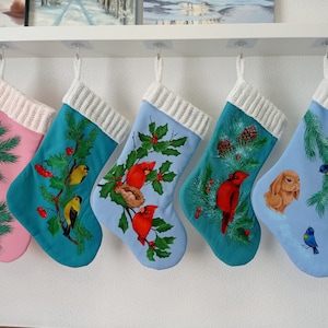 Christmas stockings Original hand-painted Christmas stockings with birds and rabbits painting Christmas Traditional Socks Gift for Christian