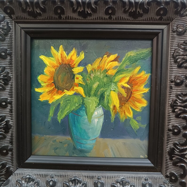 Sunflower Flowers Original Oil Painting Framed Miniature Painting Size