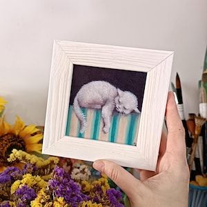 Framed Cat Miniature Oil Painting: Funny White Cat Art (4x4 in)