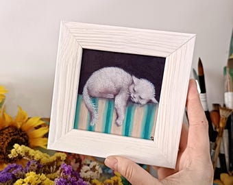 Framed Cat Miniature Oil Painting: Funny White Cat Art (4x4 in)