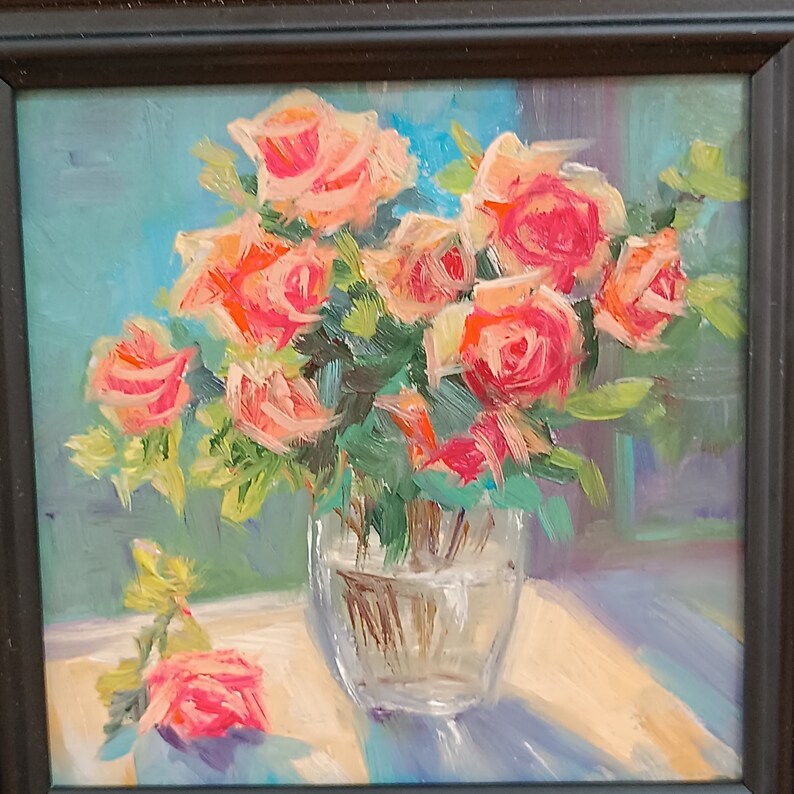 Bouquet of Roses Original Oil Painting Framed Miniature Painting Size