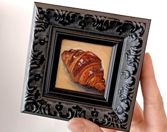 Croissant Oil Painting: Miniature Framed Dessert Art (2x2 inch)