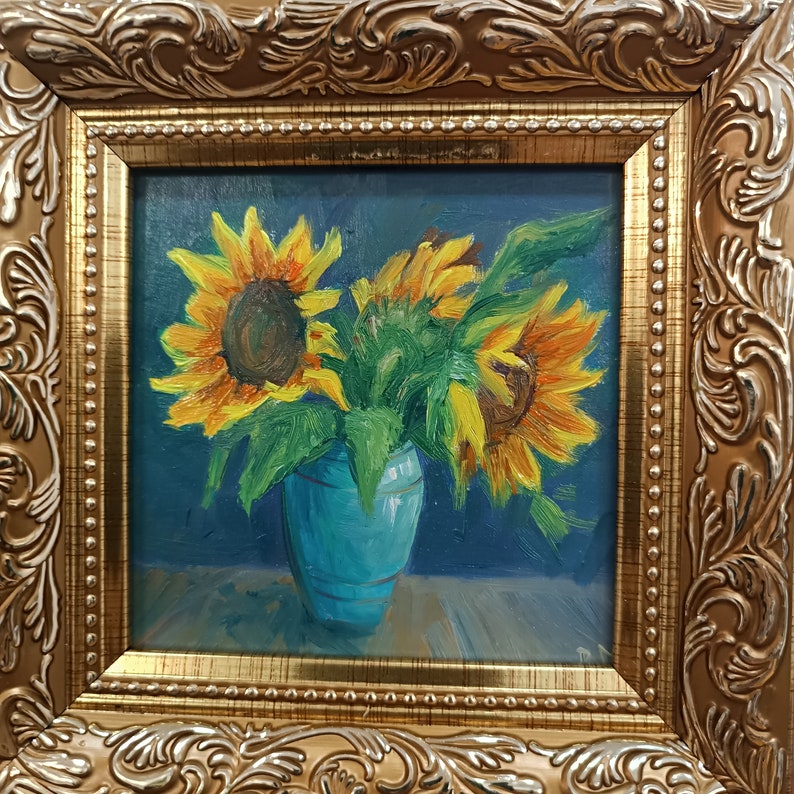 Sunflower Flowers Original Oil Painting Framed Miniature Painting Size