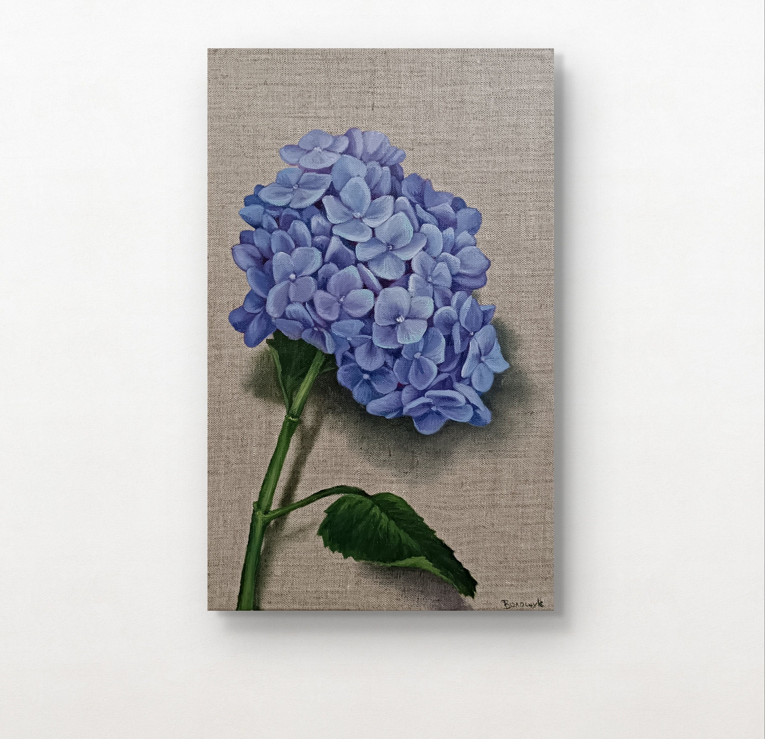 Blue Hydrangea Oil Painting on Linen Canvas: Floral Wall Decor (10x18 ...