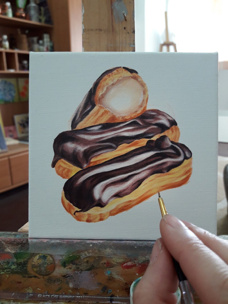 Chocolate Eclair Cream Puff mini canvas oil painting on Etsy