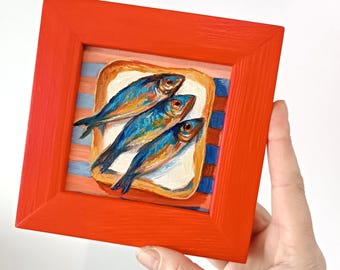 Sardine Oil Painting Miniature – 10x10 cm Size 4x4 inches Original Art in Frame SARDINES Miniature Fish Still Life