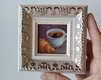 Cup of coffee and croissant original painting 2x2 inch Coffee painting Miniature in frame Dessert gift Sweets painting Framed painting