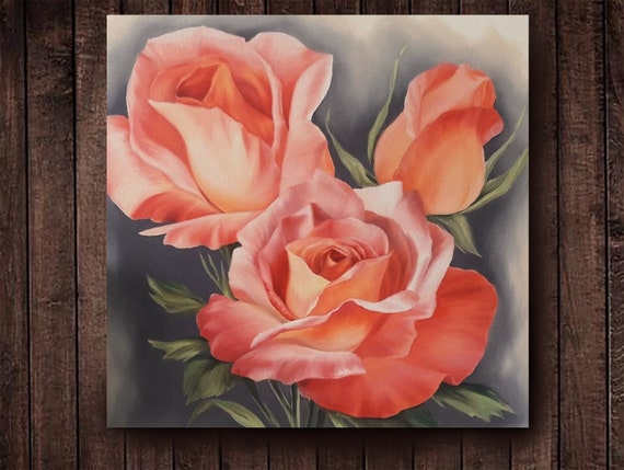 Rose Oil Painting On Canvas Red Rose Garden On A Gray Etsy Rose Oil Painting On Canvas Red Rose Garden On A Gray Etsy