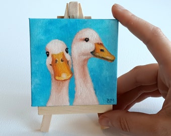 Two Geese Miniature Oil Painting on Canvas with Easel (3x3 inch)