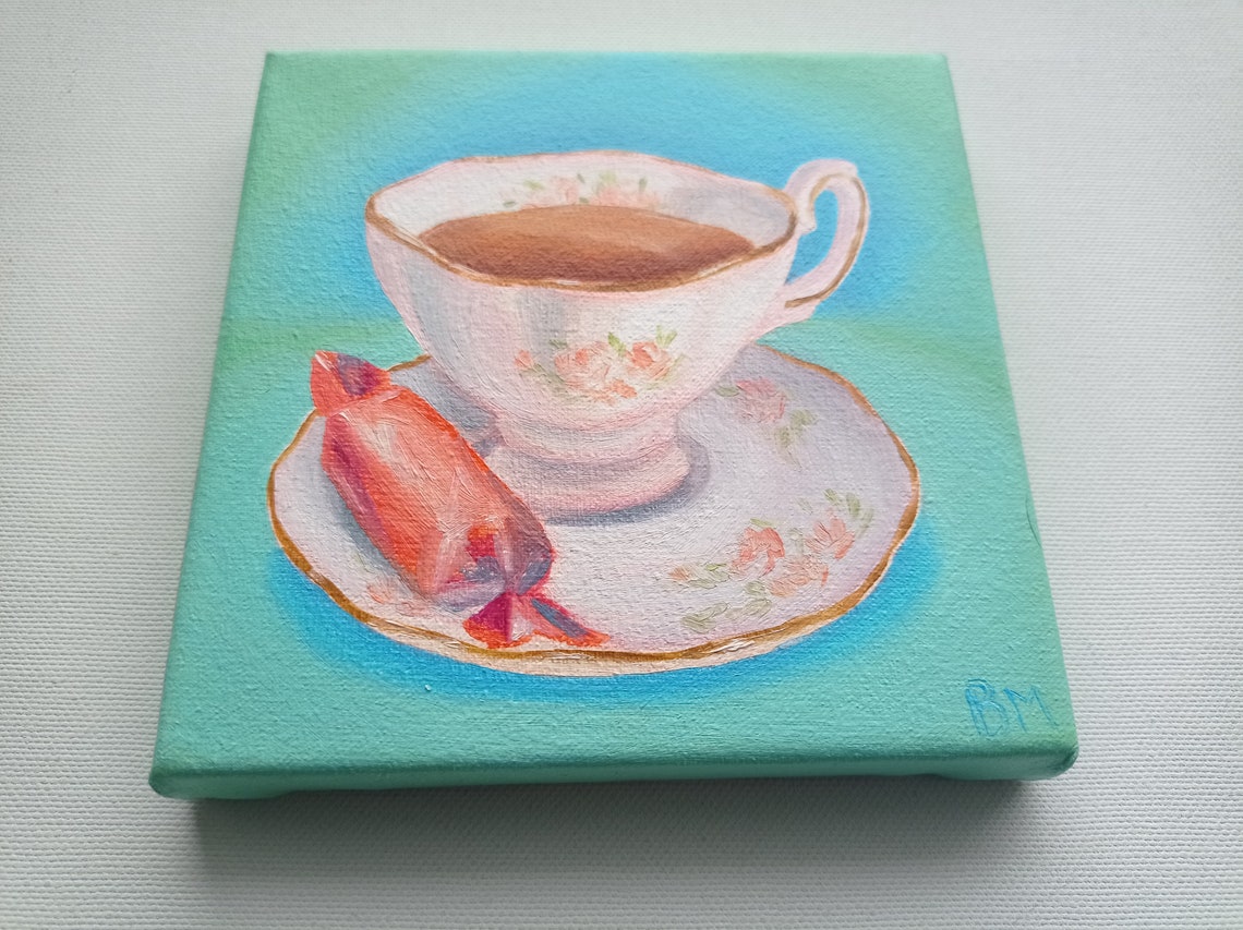 Tea Cup Painting on Canvas Miniature Oil Painting Kitchen Wall Etsy