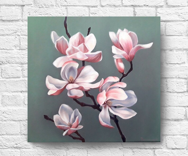 Magnolia Pintura Sobre Lienzo Sprig De Magnolia Sobre Un Fondo Etsy