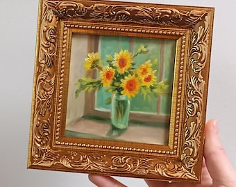 Sonnenblume Ölgemälde: Handgemaltes Gemälde: 10x10 cm