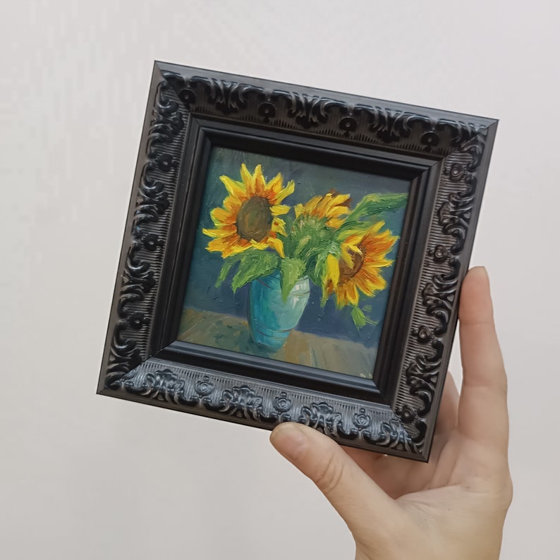 Sunflower Flowers Original Oil Painting Framed Miniature Painting Size