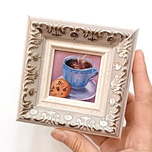 Cup of coffee and cookie original oil painting 2x2 inch Coffee painting Miniature Dessert gift Sweets painting Framed painting Pastry gift Beige and gold frame