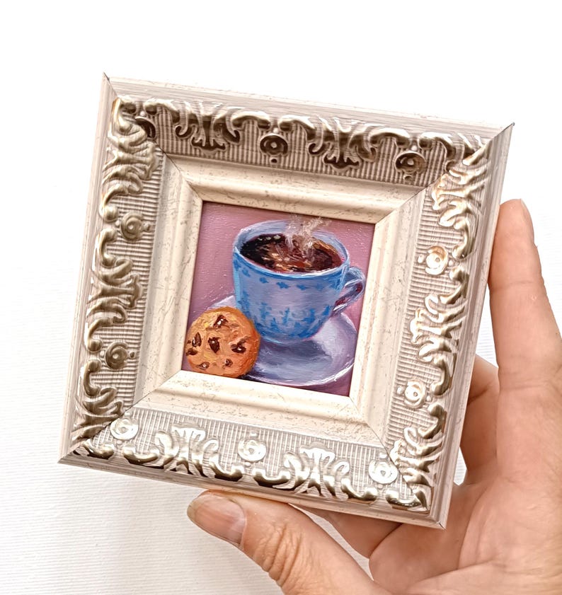 Cup of coffee and cookie original oil painting 2x2 inch Coffee painting Miniature Dessert gift Sweets painting Framed painting Pastry gift Beige and gold frame