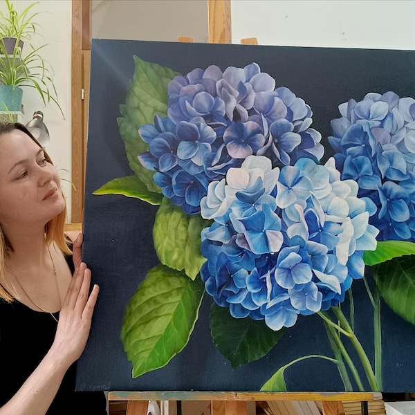 Hortensien Ölgemälde: Blumen Stillleben, Realismus Stil, 70 x 70 cm