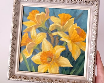 Yellow daffodils flowers Original Oil Painting: Realism Still Life, Framed Art (8x8 Inches)