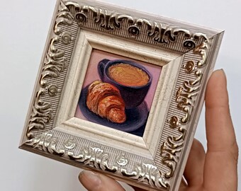 Croissant and Coffee Oil Painting: Framed Miniature Dessert Art (2x2 in)
