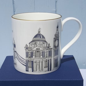 London bone china coffee mug, Blue and white cup with gold rim dishwasher safe, Coffee mug,