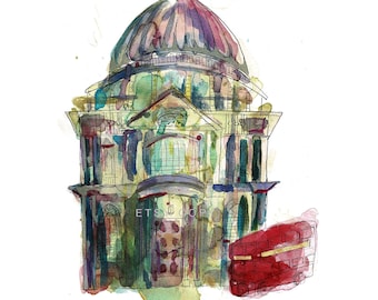 May include: Watercolor painting of a building with a dome and a cross on top. The building is painted in shades of green, blue, and brown. A red double-decker bus is parked in front of the building. The painting has a watercolor effect with splashes of color.
