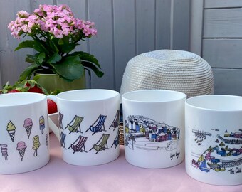 Seaside Bone China Mug Set: Lyme Regis Coastal Decor