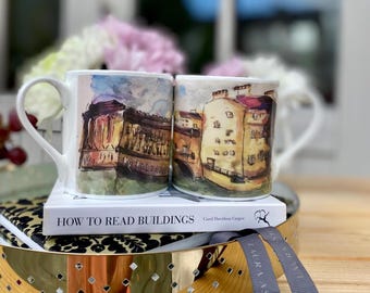 Fine Bone China Mugs, Bath Pulteney Bridge Royal Crescent Watercolour Art Set