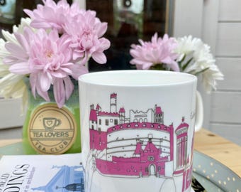 Edinburgh Bone China Mug, Architectural Art, Traveller Drawing Gift in Pink