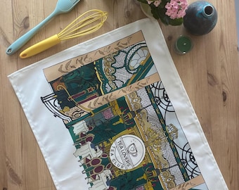 Tea towel, Organic cotton tea towel, Illustrated tea towel, Art Deco style home ware, Tea towel collector, Kitchen decor gift, Gift for Mom