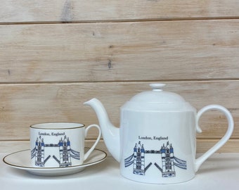 London Bone China Teapot Set, Illustrated Tea Lover Gift
