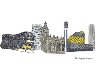 Hand Illustrated Birmingham Skyline Art, Drum Architecture, Cityscape