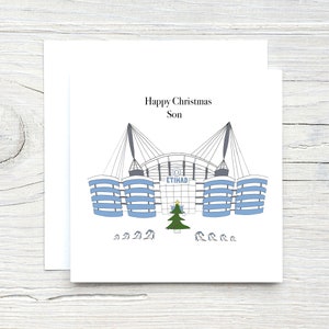 Tarjeta navideña del Manchester City, tarjeta navideña personalizada para aficionados al fútbol.