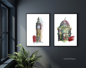 London Skyline Watercolor Painting Set: St Paul's & Big Ben