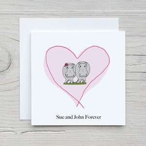 Carte de Saint-Valentin personnalisée hippopotame, carte Custo mignonne, carte d'anniversaire personnalisée, carte de mariage, carte de M. et Mme, jeunes mariés