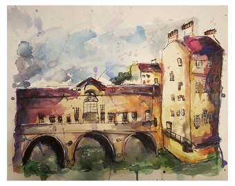 Original watercolour painting of Bath, Wall art for home, Architecture art, Modern art for him, Gift for new home