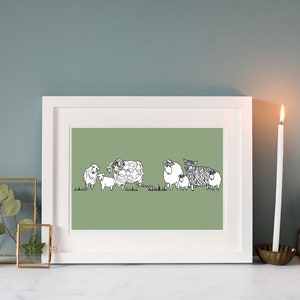Sheep lovers cute wall art A4, cute animal print baby nursery green