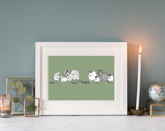 Sheep lovers cute wall art A4, cute animal print baby nursery green