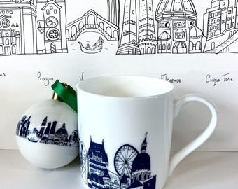 Custom Love Story Mug and Bauble Gift Set, Hand-Illustrated Bone China, Made England
