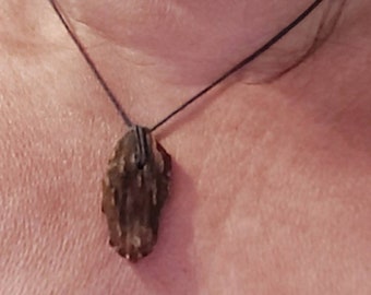 Può includere: Una collana con un ciondolo in legno marrone su un cordoncino nero.