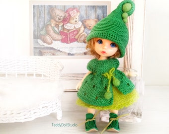 Outfit "Green Pea" for PukiFee, Irrealdoll, Lati Yellow, Clothes BJD dolls Green Pea hat Flower Dress BJD Hat Dress for Tiny BJD