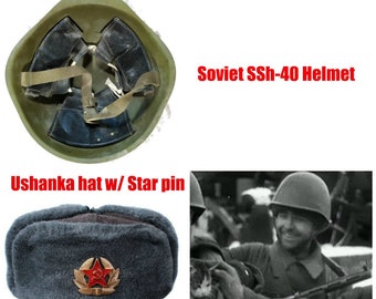 2pcs Set Original Soviet Ssh-40 Steel Helmet USSR Army Soldier Shlem WW2 Military Surplus Head Protection w/ Winter Hat Ushanka Red Star