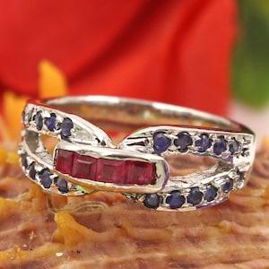 Ring/925 STERLING SILVER/Natural Ruby and Blue Sapphire/Ring Size 7 US/Weight 3.600 g/Unisex pendant/Gemstone pendant/Top quality stones