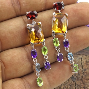 925 Sterling SILVER/Earring/Natural Multi-color stone Earring/Length 53 MM/Unisex Earring/Gemstone Earring/Top quality stones used