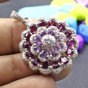 Beautiful Designer Spinner Pendant consisting of Rhodolite, Amethyst & White Zircon stones made in 925 Sterling Silver/33 X 29 MM/9.740 g