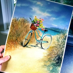 14&quot; x 10&quot; Bicycle Original Watercolor Painting Handmade Art Wall Decor