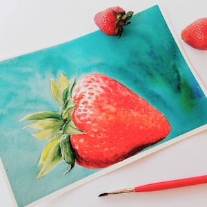SALE Matted 11.5 x 17 Strawberry Original Watercolor Painting Handmade Art Wall Decor